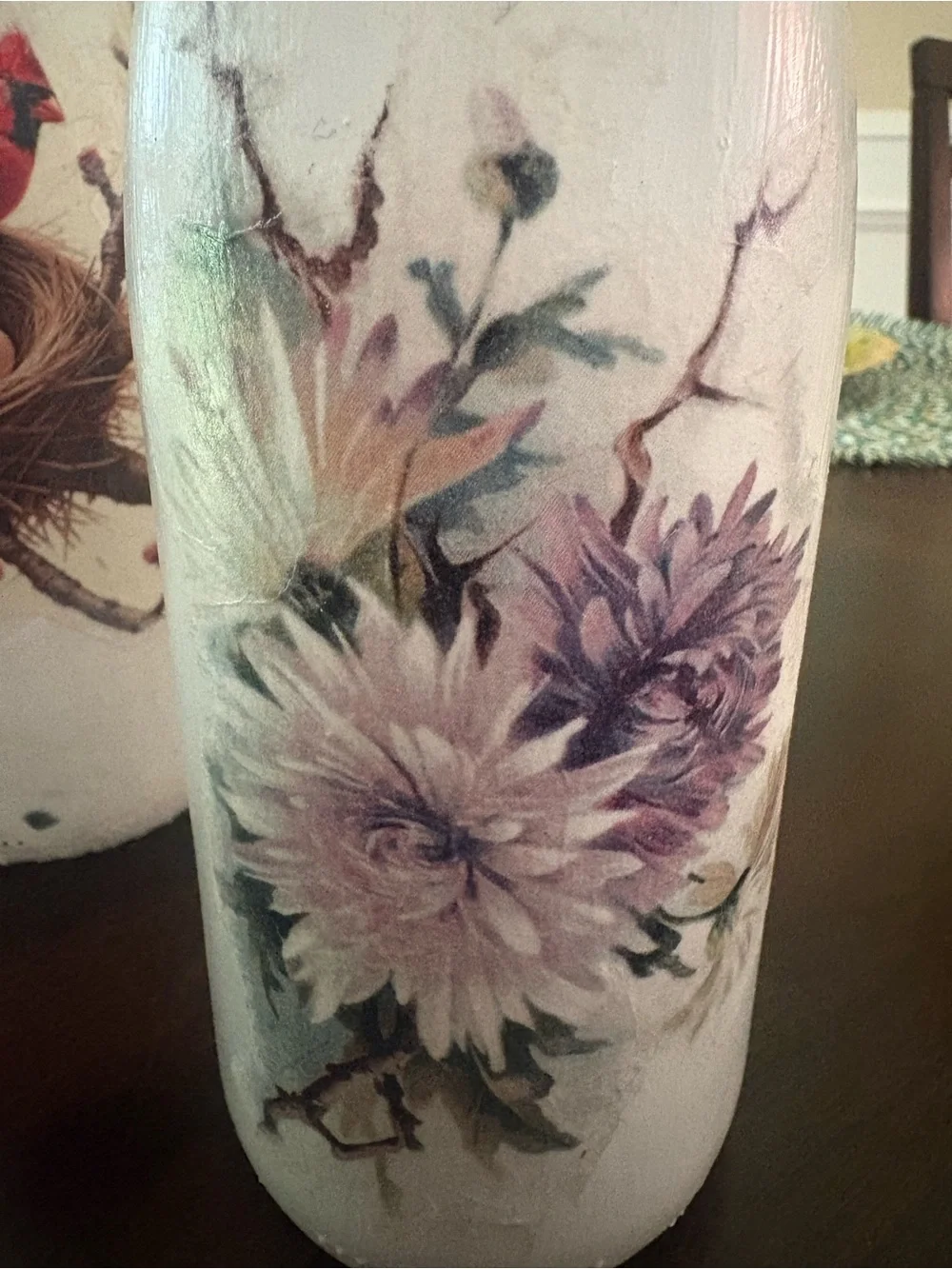 Handcrafted White/Cream Floral Decoupage Wine Bottle Accent - Decorative accent
